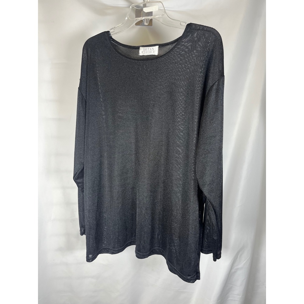 Beta's Choice Womens Black Sheer Long‎ Sleeve Mesh Top Metallic Shimmer Blouse